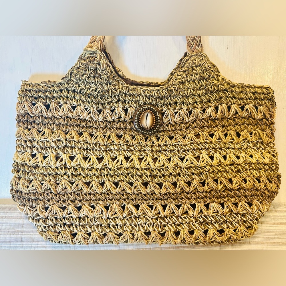 Blue Miami Straw Tote Bag Woven Boho Beach Purse Shell Accent 17”x10”